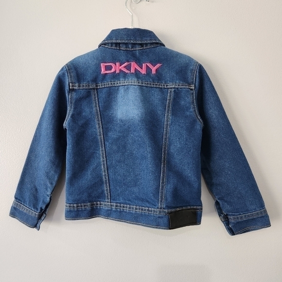 DKNY Girl's 4 Long Sleeve Snap Button  Denim Jacket Blue Pink Logo EUC - Picture 2 of 6
